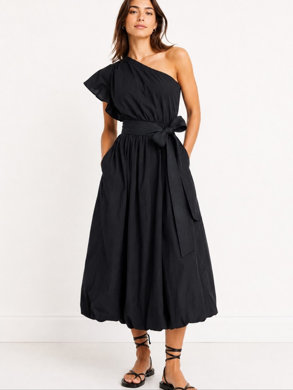 Madewell NK491 Ruffled One-Shoulder Midi Dress Black Cotton Poplin Size 4